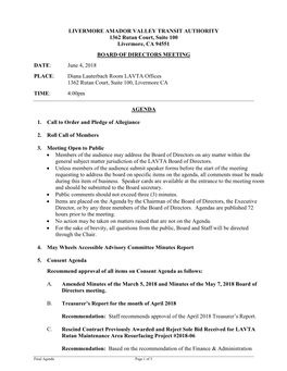 LIVERMORE AMADOR VALLEY TRANSIT AUTHORITY 1362 Rutan Court, Suite 100 Livermore, CA 94551