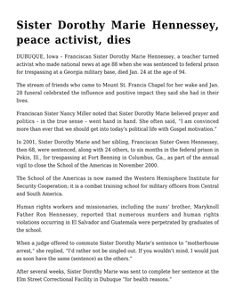 Sister Dorothy Marie Hennessey, Peace Activist, Dies