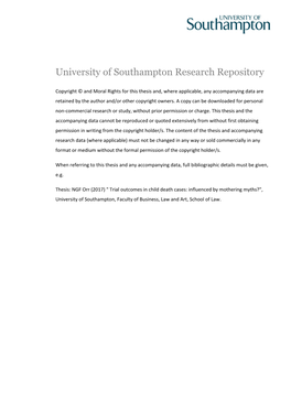 Trial Outcomes in Child Death Cases: Influenced by Mothering Myths?", University of Southampton, Faculty of Business, Law and Art, School of Law