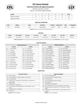 CFL Game Details Edmonton Eskimos @ Calgary Stampeders Week #8 - Game #40 - Year 2019 August 3, 2019-19:00 - Mcmahon Stadium