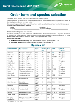 Order Form and Species Selection Customers, Please Take This Form to Your Chosen Nursery to Select Species