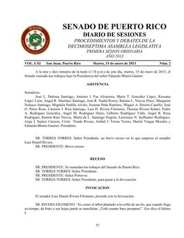 Senado De Puerto Rico Diario De Sesiones Procedimientos Y Debates De La Decimoseptima Asamblea Legislativa Primera Sesion Ordinaria Año 2013 Vol