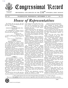 Congressional Record United States Th of America PROCEEDINGS and DEBATES of the 116 CONGRESS, FIRST SESSION