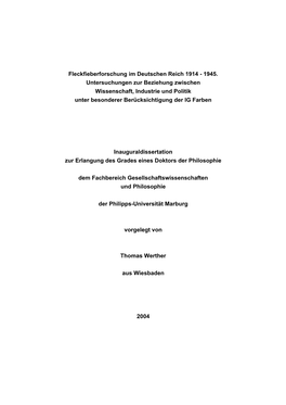 Fleckfieberforschung Im Deutschen Reich 1914 - 1945