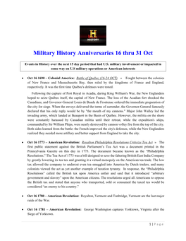Military History Anniversaries 16 Thru 31 Oct