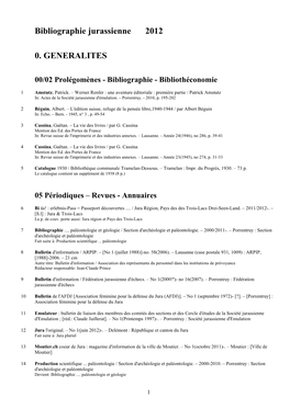Bibliographie Jurassienne 2012 0. GENERALITES