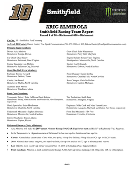ARIC ALMIROLA Smithfield Racing Team Report Round 9 of 36 – Richmond 400 – Richmond