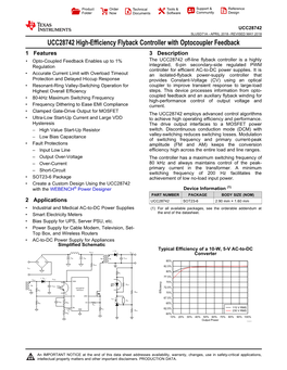 UCC28742 High-Efficiency Flyback Controller with Optocoupler