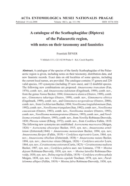 Diptera) of the Palaearctic Region, with Notes on Their Taxonomy and Faunistics