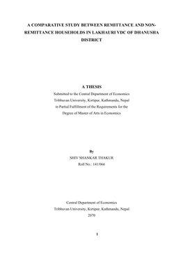 A Comparative Study Between Remittance and Non- Remittance Households in Lakhauri Vdc of Dhanusha District