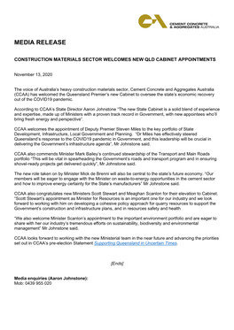 Construction Materials Sector Welcomes New Qld Cabinet Appointments