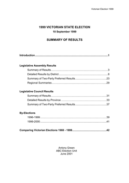 1999 Victorian State Election Results