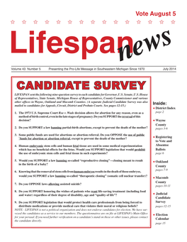 CANDIDATE SURVEY LIFESPAN Sent the Following Nine-Question Survey to Each Candidate for Governor, U.S