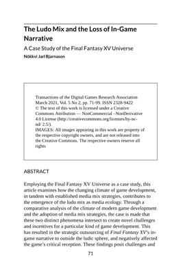 The Ludo Mix and the Loss of In-Game Narrative a Case Study of the Final Fantasy XV Universe Nökkvi Jarl Bjarnason