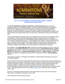 49Th Annual NORTHERN CALIFORNIA AREA EMMY® AWARDS NOMINATIONS ANNOUNCED