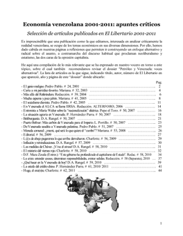 Economía Venezolana 2001-2011: Apuntes Críticos Selección De Artículos Publicados En El Libertario 2001-2011