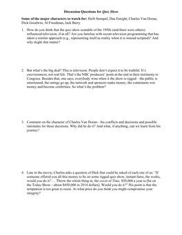 Discussion Questions for Quiz Show Some of the Major Characters to Watch For: Herb Stempel, Dan Enright, Charles Van Doran, Dick Goodwin, Al Freedman, Jack Barry 1