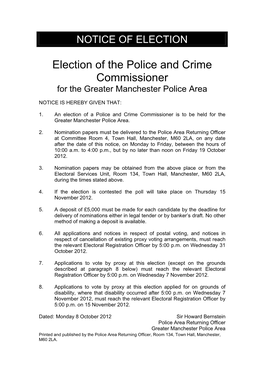 Election of the Police and Crime Commissioner for the Greater Manchester Police Area