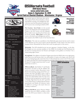 @Suhornets Football 2019 Game Notes Game 2: September 21, 2019 Sprint Field at Shentel Stadium - Winchester, Virginia