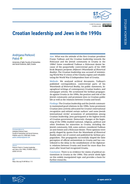 Croatian Leadership and Jews in the 1990S RESEARCH ARTICLE RESEARCH