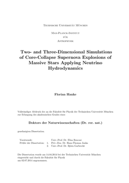 And Three-Dimensional Simulations of Core-Collapse Supernova Explosions of Massive Stars Applying Neutrino Hydrodynamics