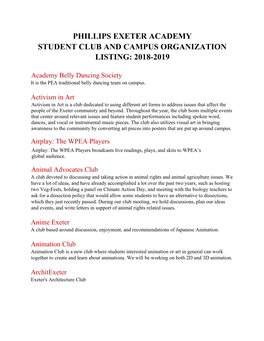 Phillips Exeter Academy Student Club and Campus Organization Listing: 2018-2019