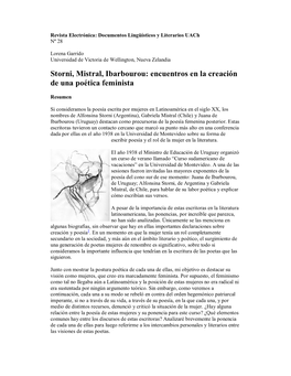 Storni, Mistral, Ibarbourou: Encuentros En La Creación De Una Poética Feminista