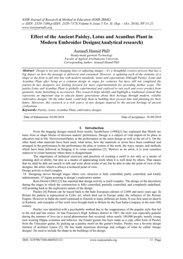 Effect of the Ancient Paisley, Lotus and Acanthus Plant in Modern Embroider Designs(Analytical Research)