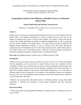 Geographical Analysis of the Efficiency of Health Centers in Al-Mansour District 2020