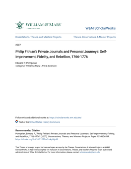 Philip Fithian's Private Journals and Personal Journeys: Self- Improvement, Fidelity, and Rebellion, 1766-1776