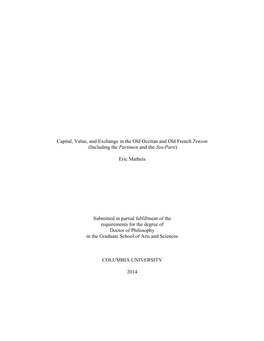 Capital, Value, and Exchange in the Old Occitan and Old French Tenson (Including the Partimen and the Jeu-Parti)