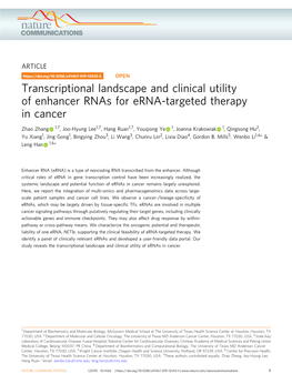 Transcriptional Landscape and Clinical Utility of Enhancer Rnas for Erna-Targeted Therapy in Cancer