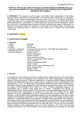 PROPOSAL for the INCLUSION of the BALTIC PROPER HARBOUR PORPOISE (Phocoena Phocoena) on APPENDIX I of the CONVENTION on the CONS