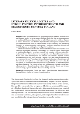 Literary Kalevala-Metre and Hybrid Poetics in the Sixteenth and Seventeenth Century Finland