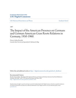 The Impact of the American Presence on Germans and German-American Grass Roots Relations in Germany, 1950-1960