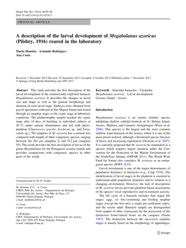 A Description of the Larval Development of Megabalanus Azoricus (Pilsbry, 1916) Reared in the Laboratory