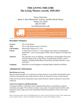 THE LIVING THEATRE the Living Theatre Records, 1929-2013
