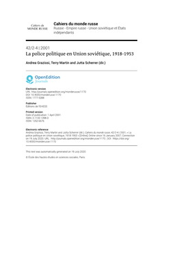 Cahiers Du Monde Russe, 42/2-4 | 2001, « La Police Politique En Union Soviétique, 1918-1953 » [Online], Online Since 16 January 2007, Connection on 19 July 2020