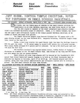First Interstate Bank Athletic Founation Formerly Helms Athletic Foudnation Jeff Boehm, Ventura Temple Christian, Voted Top Performer in Small Schools Basketball