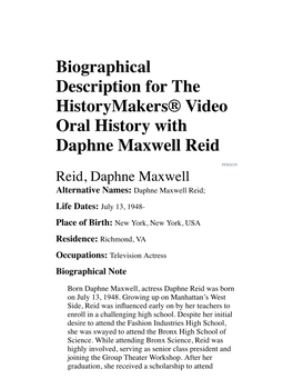 Biographical Description for the Historymakers® Video Oral History with Daphne Maxwell Reid