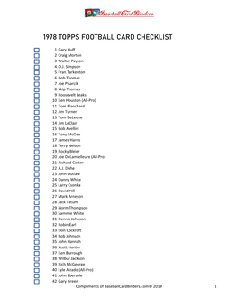 1978 Topps Football Card Checklist