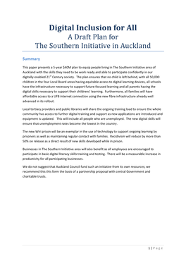 Digital Inclusion for All a Draft Plan for the Southern Initiative in Auckland