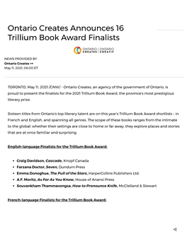 Ontario Creates Announces 16 Trillium Book Award Finalists