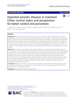 Imported Parasitic Diseases in Mainland China: Current Status And