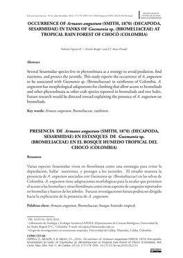 OCCURRENCE of Armases Angustum (SMITH, 1870) (DECAPODA, SESARMIDAE) in TANKS of Guzmania Sp