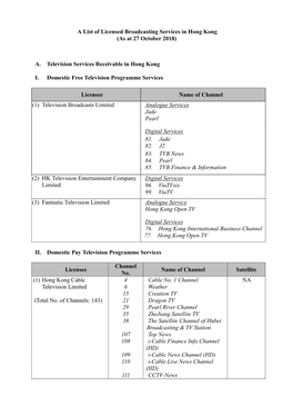 A List of Licensed Broadcasting Services in Hong Kong (As at 27 October 2018)