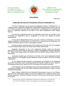 Mujibnagar Day Observed at Bangladesh Embassy in Washington D.C