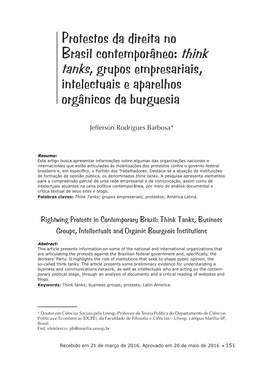 Protestos Da Direita No Brasil Contemporâneo: Think Tanks, Grupos Empresariais, Intelectuais E Aparelhos Orgânicos Da Burguesia