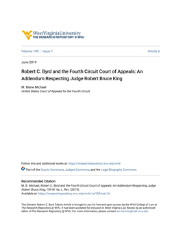 Robert C. Byrd and the Fourth Circuit Court of Appeals: an Addendum Respecting Judge Robert Bruce King