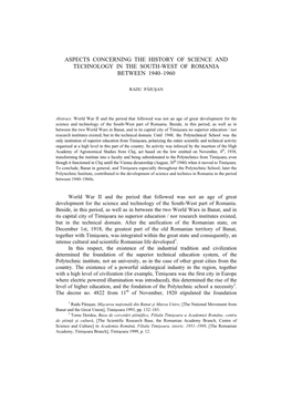 Aspects Concerning the History of Science and Technology in the South-West of Romania Between 1940–1960